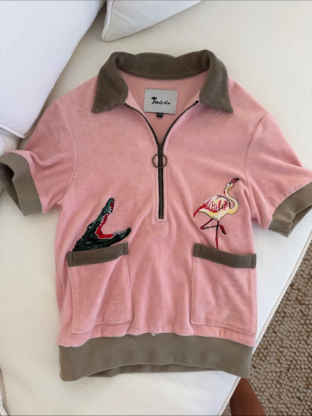 Kids Pink Terry Half-Zip Polo with Animal Embroidered Patches